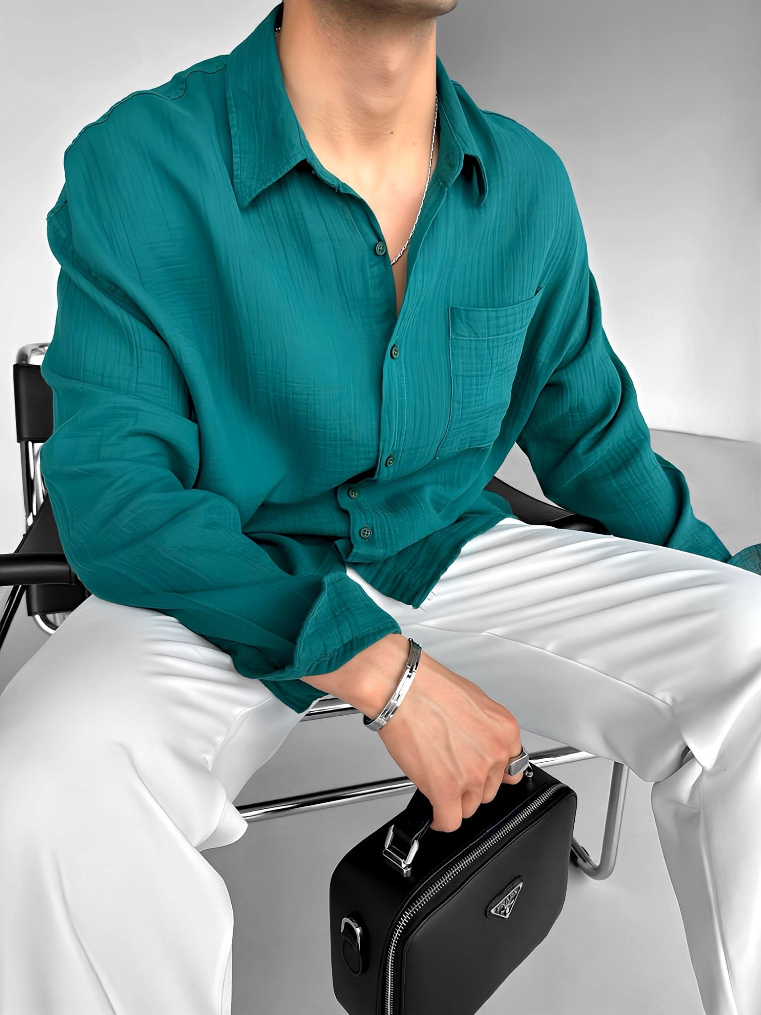 Erkek Oversize Fit Uzun Kollu Müslin Gömlek Koyu Yeşil