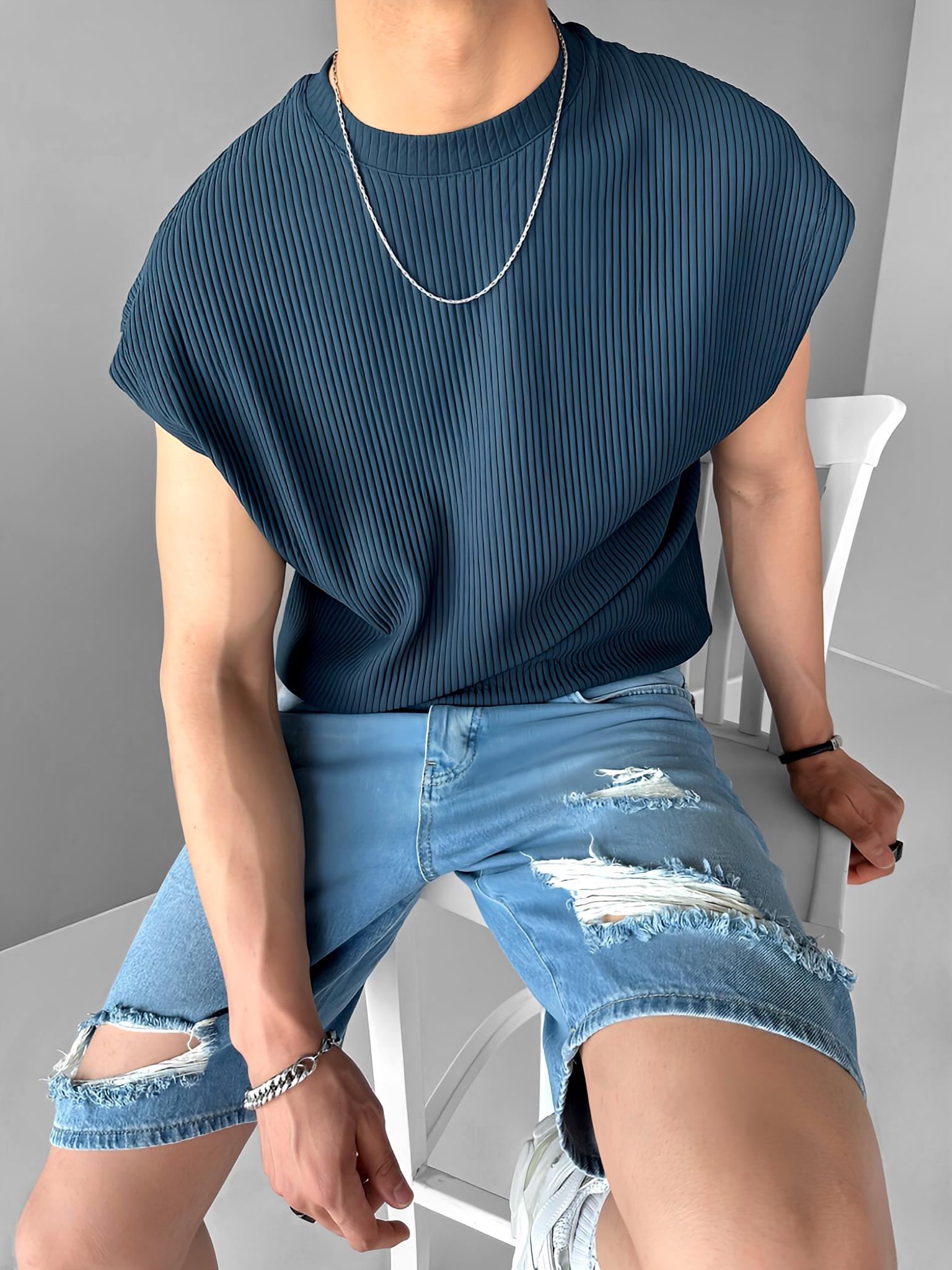 Erkek Oversize Fitilli Kolsuz T-Shirt Petrol Mavi