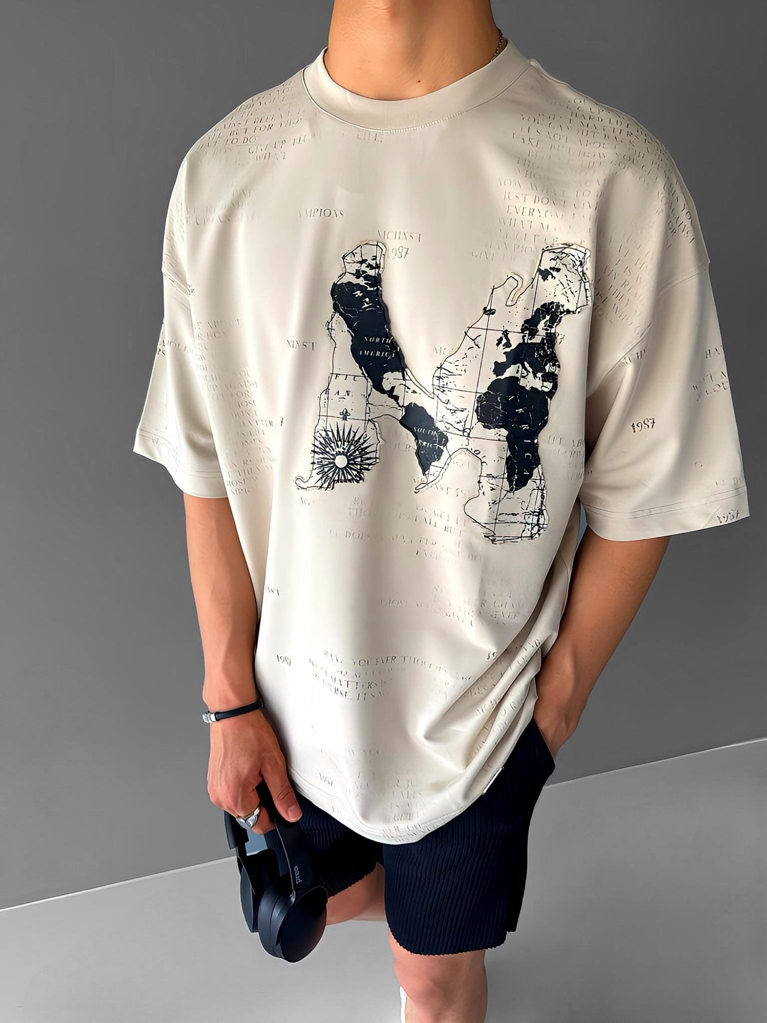 Erkek Oversize Kabartma Baskılı Premium T-Shirt Bej