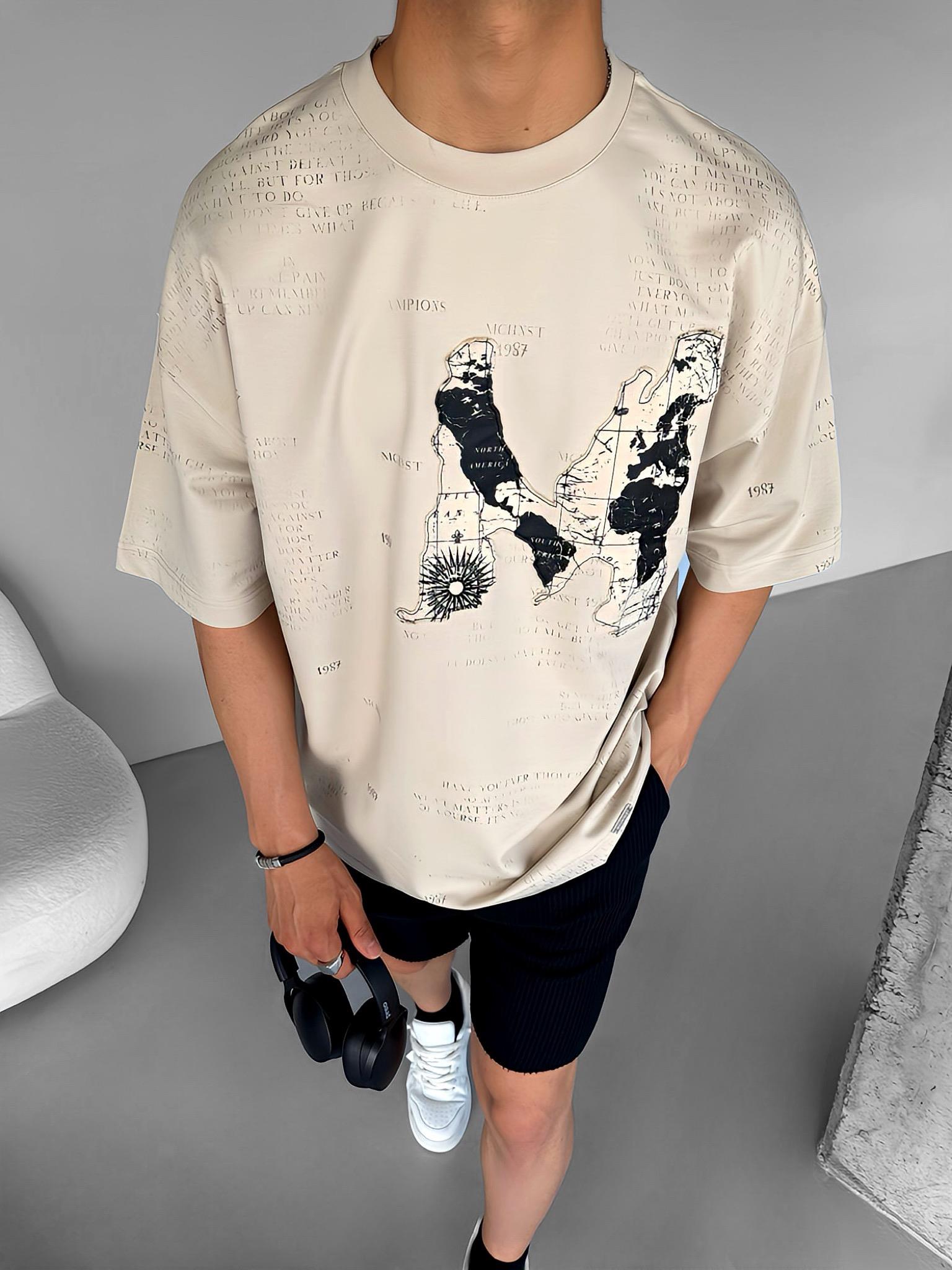 Erkek Oversize Kabartma Baskılı Premium T-Shirt Bej