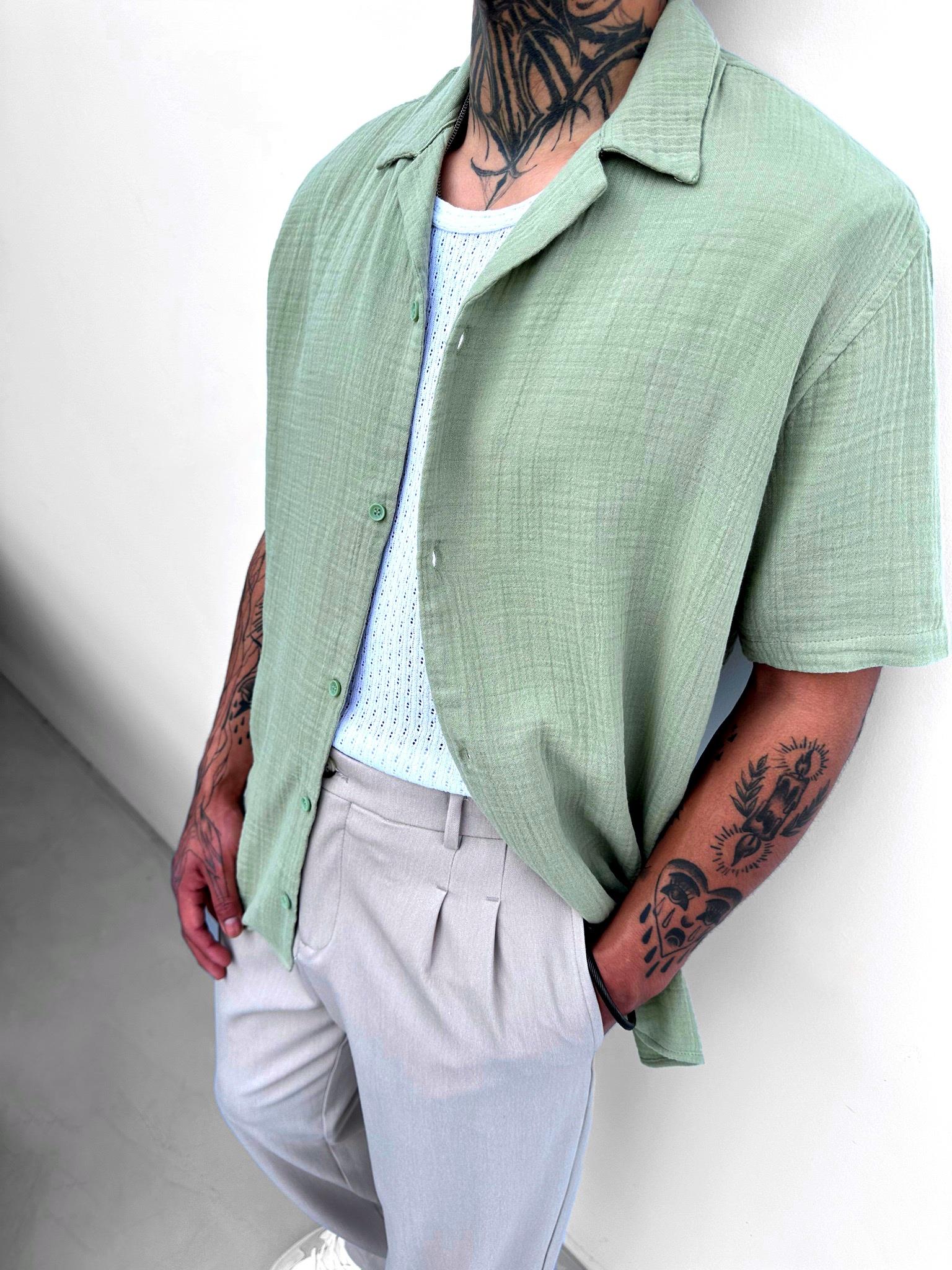 Erkek Oversize Keten Gömlek Haki Yeşil