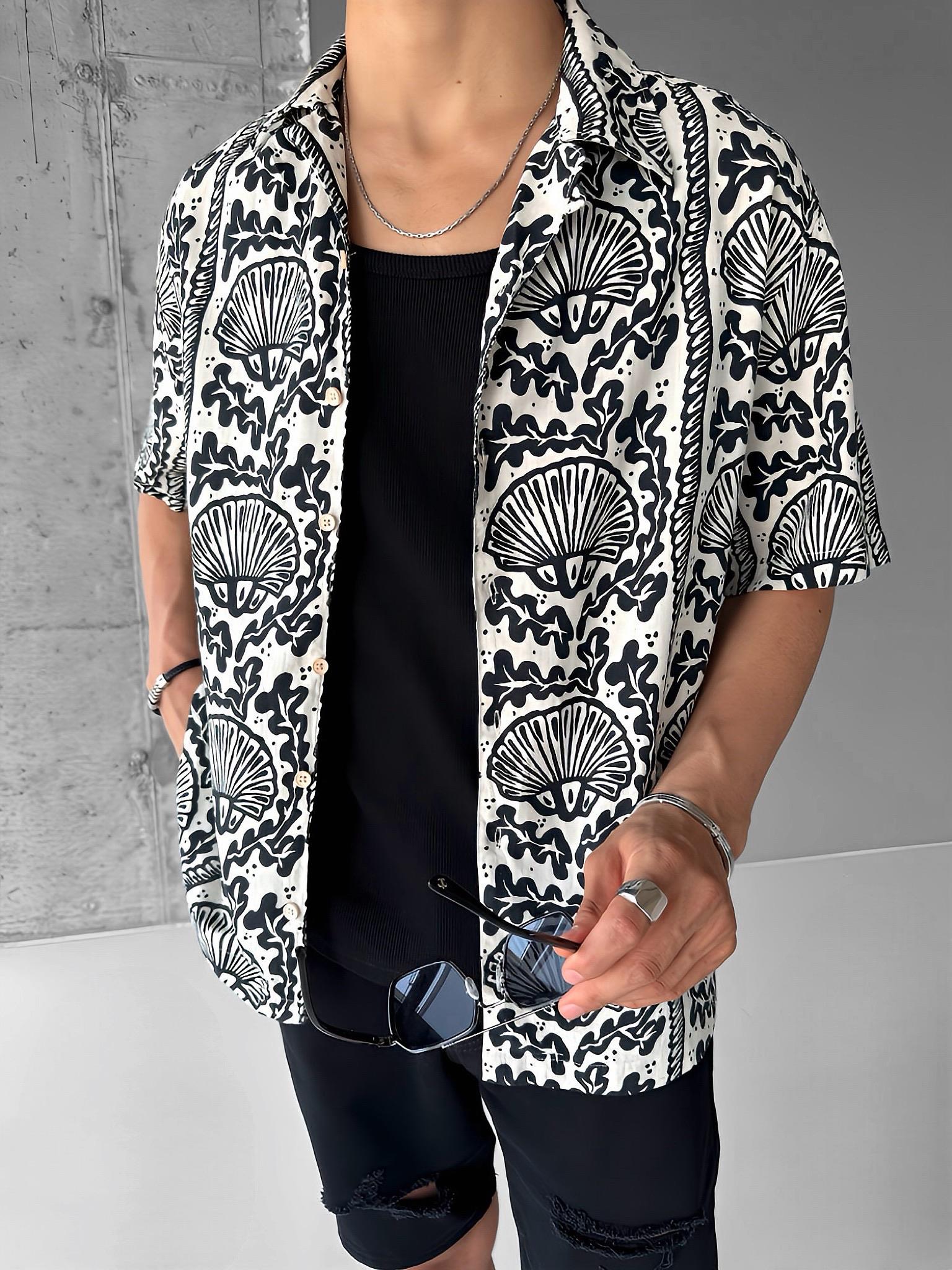 Erkek Oversize Keten Görünümlü Desenli Gömlek Siyah