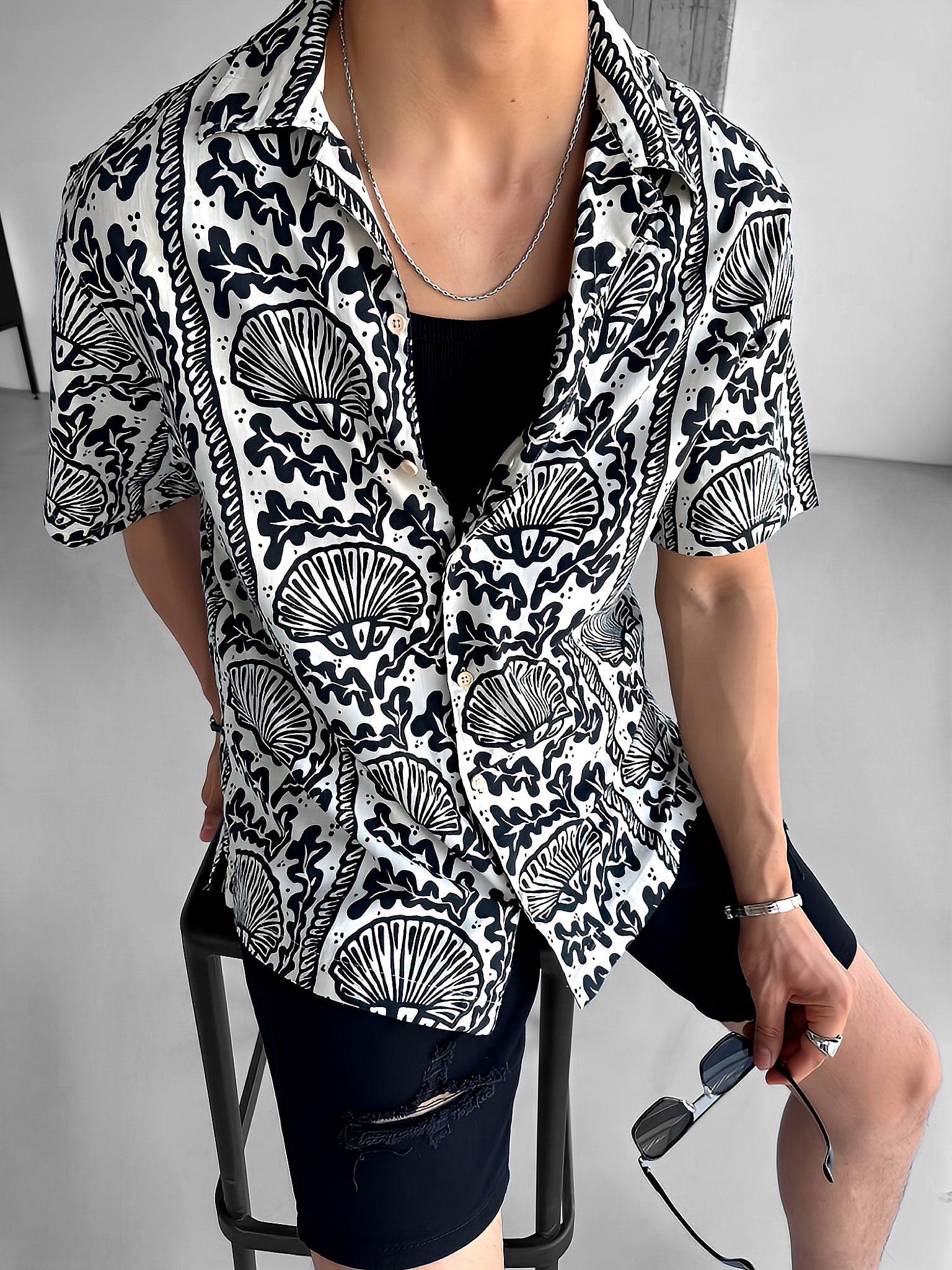 Erkek Oversize Keten Görünümlü Desenli Gömlek Siyah