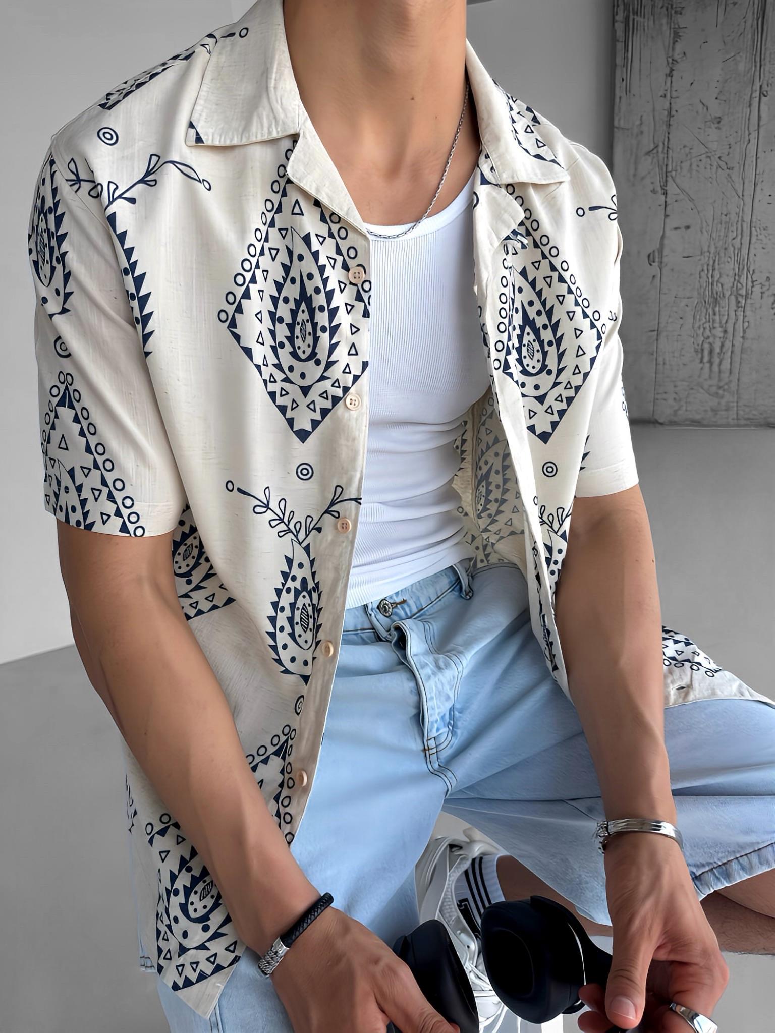 Erkek Oversize Keten Görünümlü Desenli Gömlek Krem