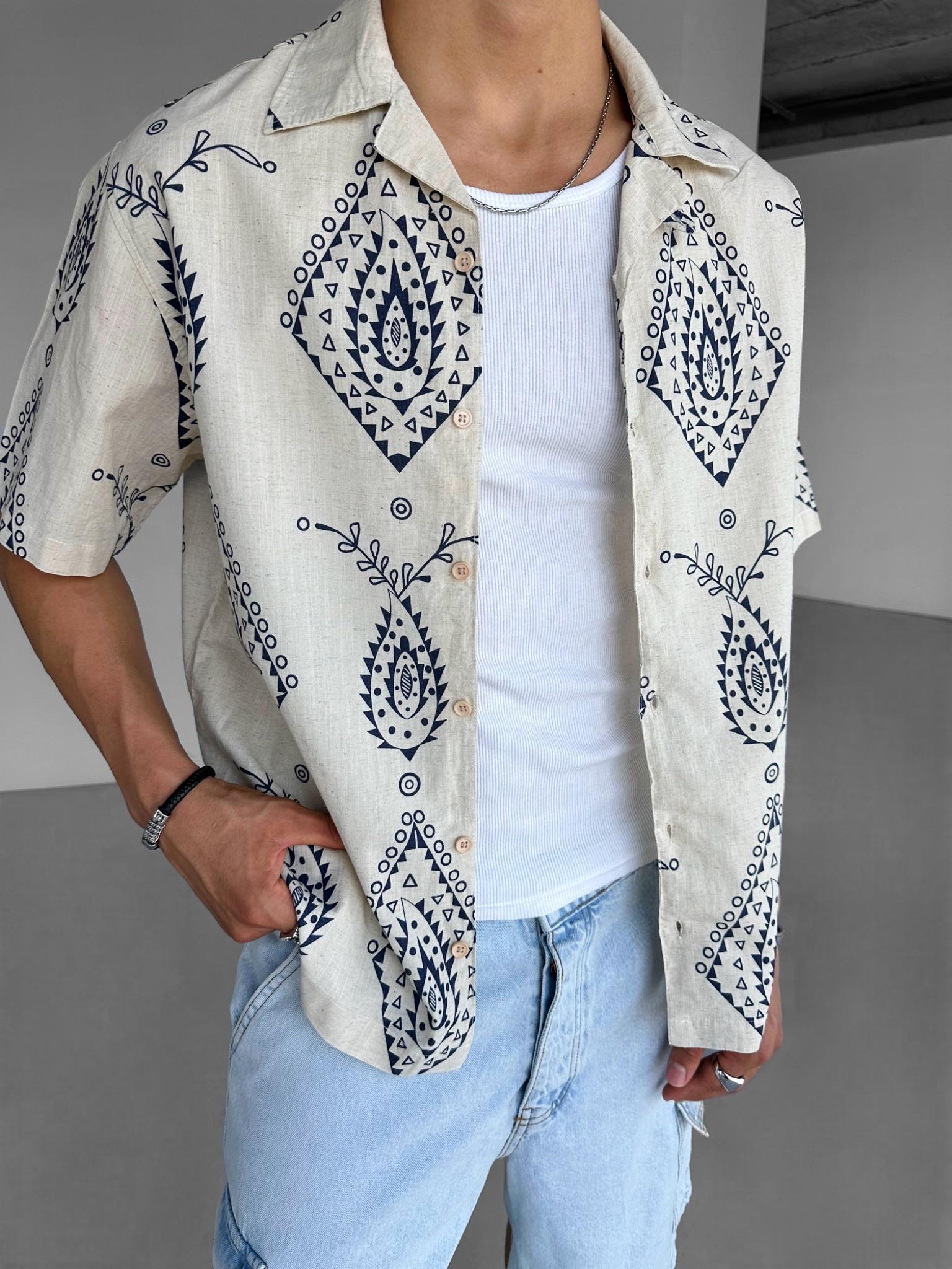 Erkek Oversize Keten Görünümlü Desenli Gömlek Krem