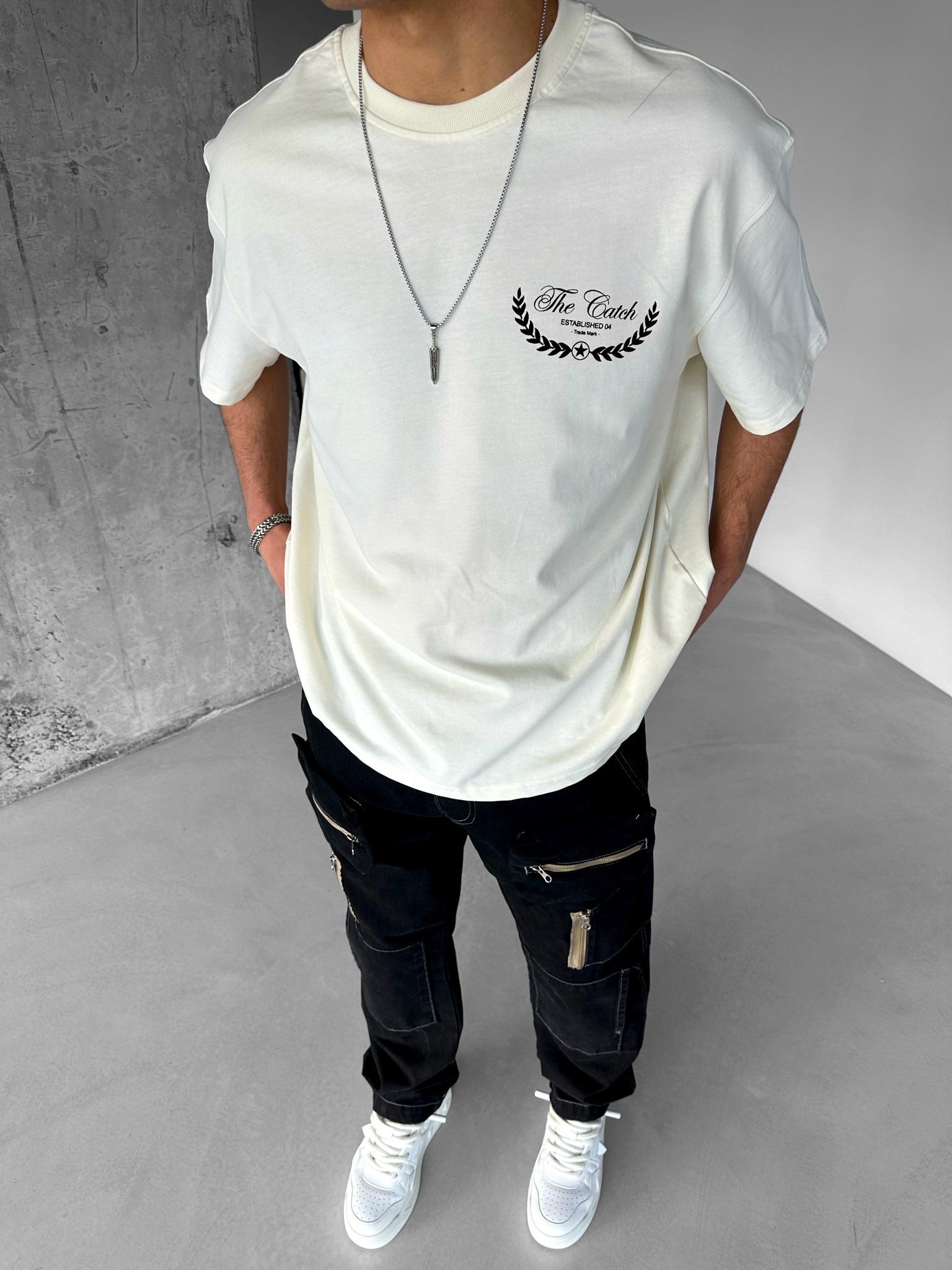 Erkek Oversize T-Shirt %100 Pamuk Dokulu Kalın Bisiklet Yaka Ekru