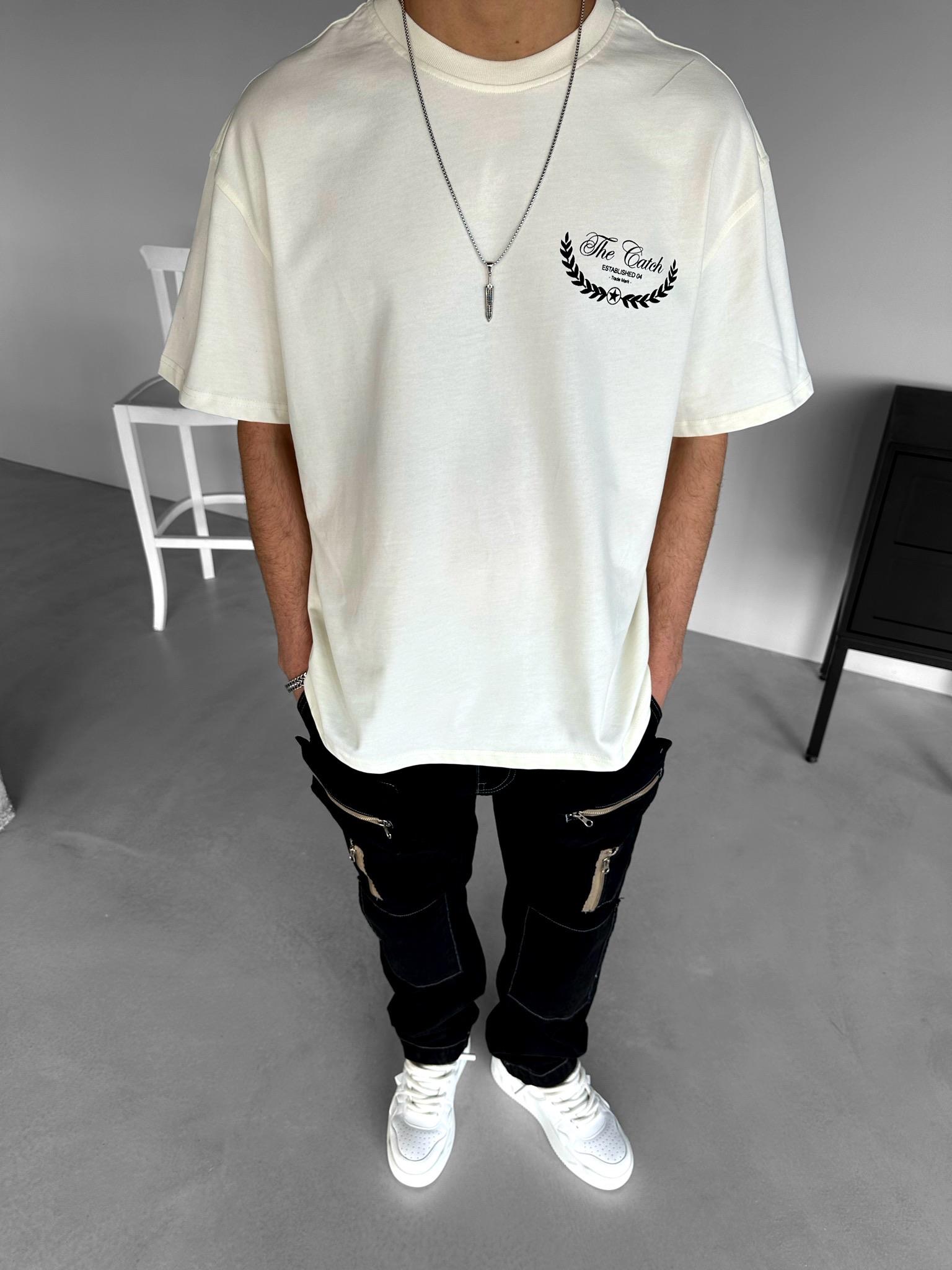 Erkek Oversize T-Shirt %100 Pamuk Dokulu Kalın Bisiklet Yaka Ekru