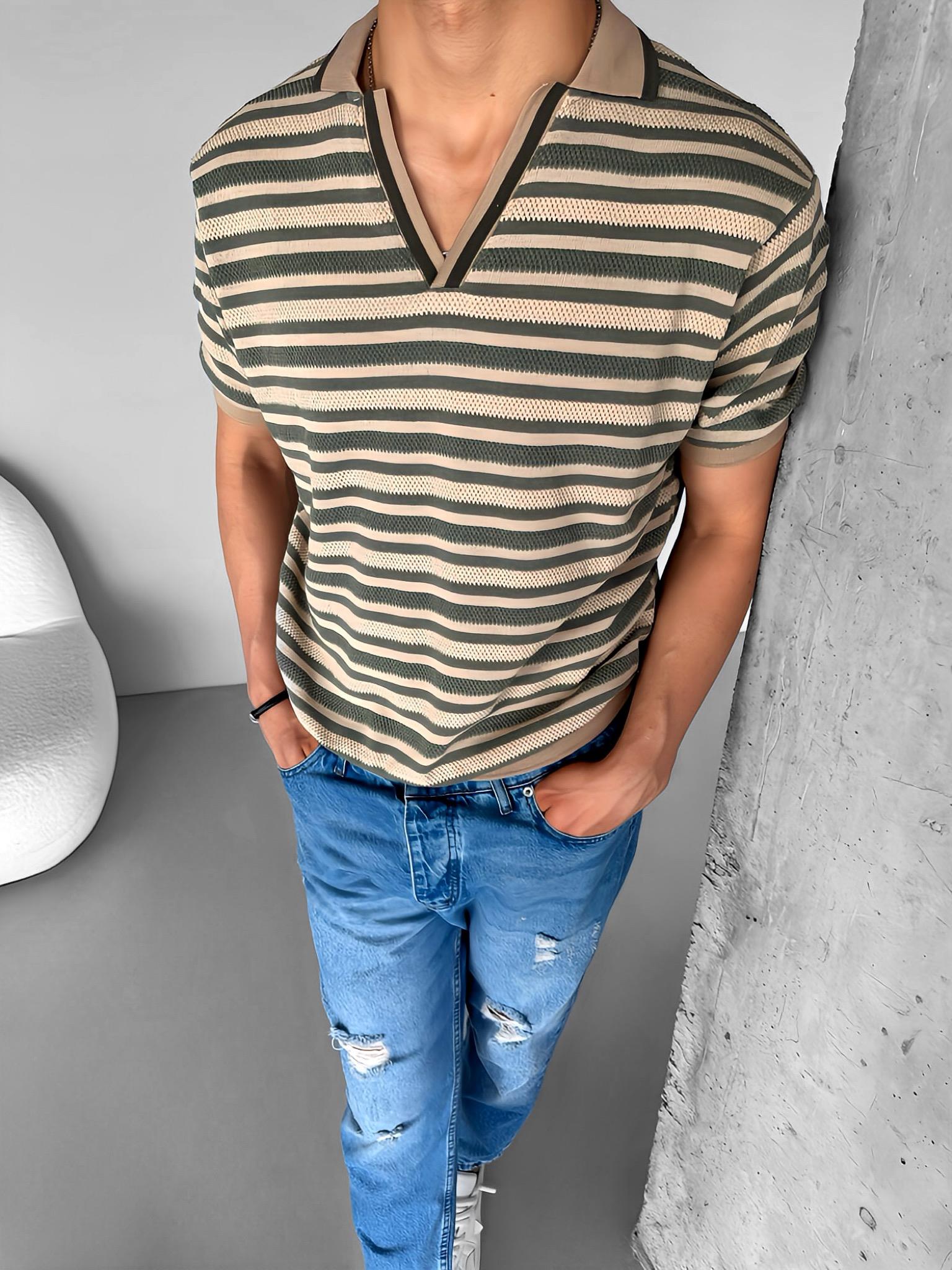 Erkek Oversize Yarım Pat Yaka Fileli Esnek T-Shirt Bej Yeşil