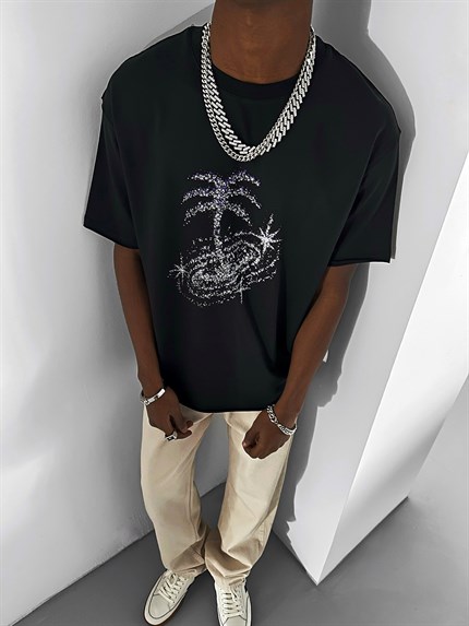 Erkek Relaxed Galaxy Oversize T-Shirt Siyah