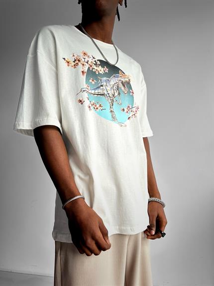Erkek Baskılı Oversize T-Shirt Beyaz