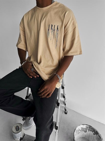Erkek Ablk Baskılı Oversize T-Shirt Bej