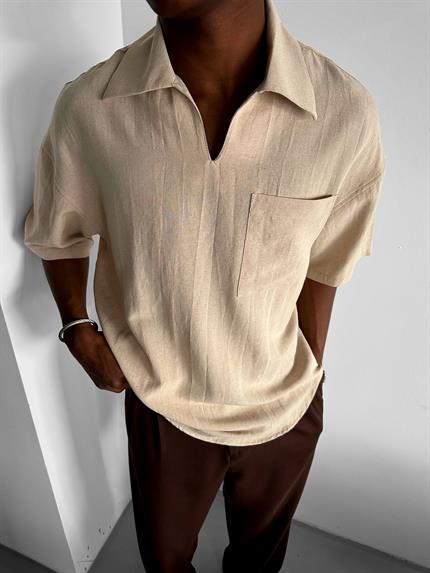 Erkek V Yaka Gömlek Bej