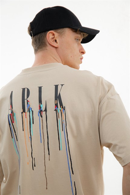 Erkek Ablk Baskılı Oversize T-Shirt Bej