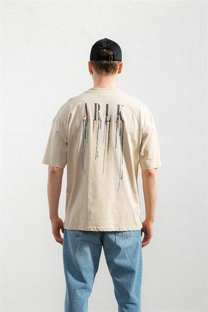 Erkek Ablk Baskılı Oversize T-Shirt Bej