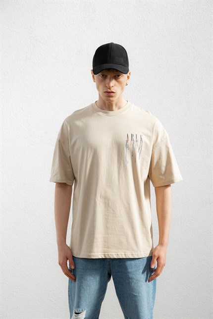Erkek Ablk Baskılı Oversize T-Shirt Bej