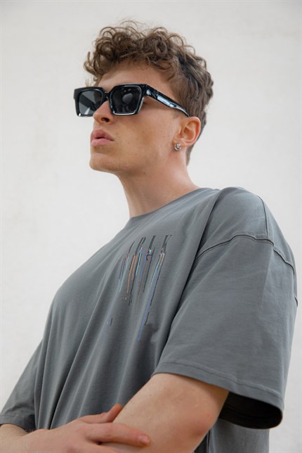 Erkek Ablk Baskılı Oversize T-Shirt Füme