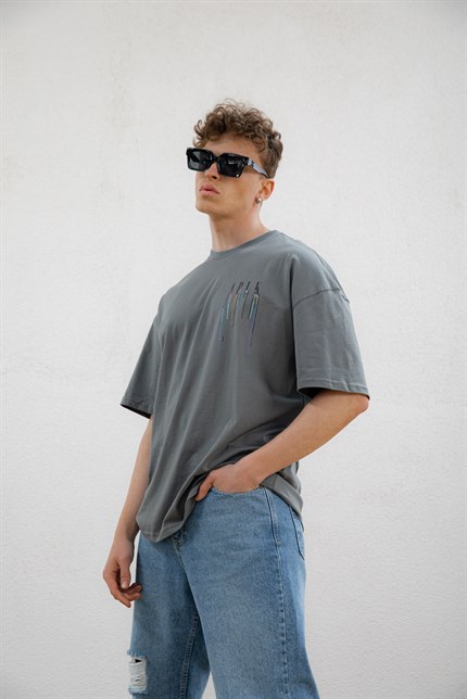 Erkek Ablk Baskılı Oversize T-Shirt Füme