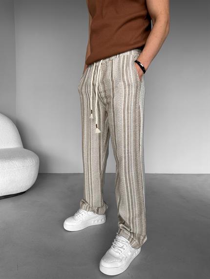 Erkek Baggy Fit Çizgili Örme Pantolon Açık Kahve