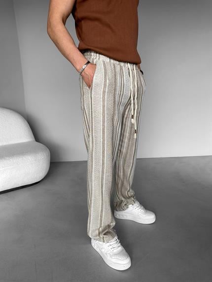 Erkek Baggy Fit Çizgili Örme Pantolon Açık Kahve