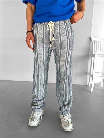 Erkek Baggy Fit Çizgili Örme Pantolon Mavi