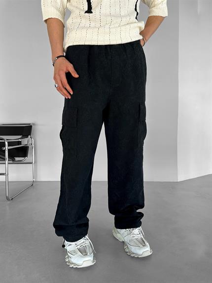 Erkek Baggy Jakarlı Dokulu Kargo Pantolon Siyah