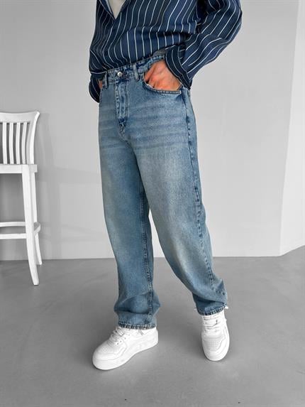 Erkek Baggy Fit Dikişli Yıkamalı Jean Kot Pantolon Mavi