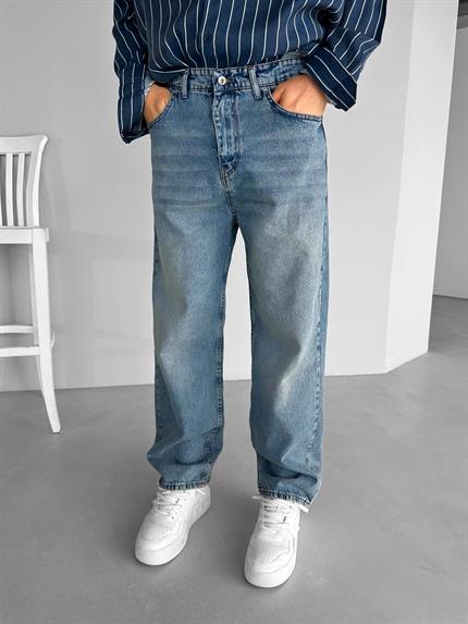 Erkek Baggy Fit Dikişli Yıkamalı Jean Kot Pantolon Mavi