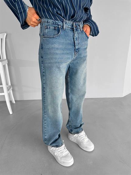 Erkek Baggy Fit Dikişli Yıkamalı Jean Kot Pantolon Mavi