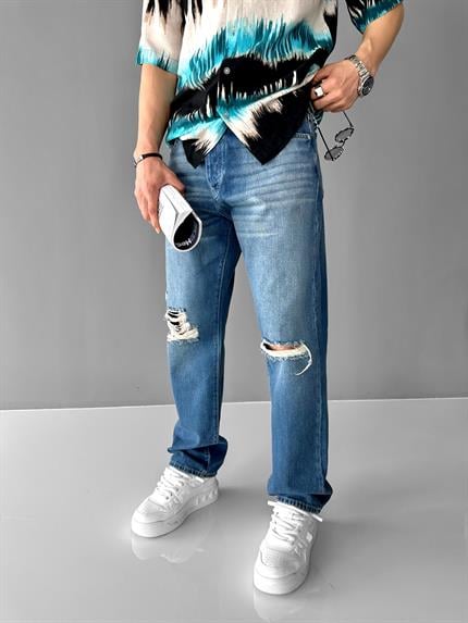 Erkek Baggy Fit Distressed Jean Pantolon Mavi