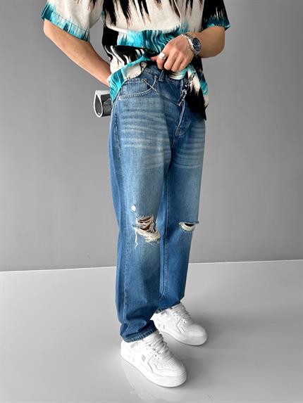 Erkek Baggy Fit Distressed Jean Pantolon Mavi