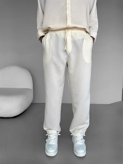 Erkek Baggy Fit İnce Düz Çizgili Pantolon Ekru