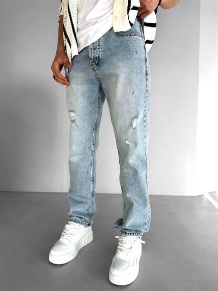 Erkek Baggy Fit Distressed Jean Pantolon Açık Mavi