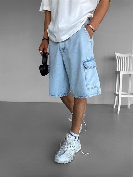 Erkek Baggy Fit Kargo Cepli Şort Mavi