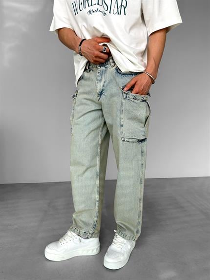 Erkek Super Baggy Fit Yıkamalı Kargo Jean Pantolon Duman Mavi