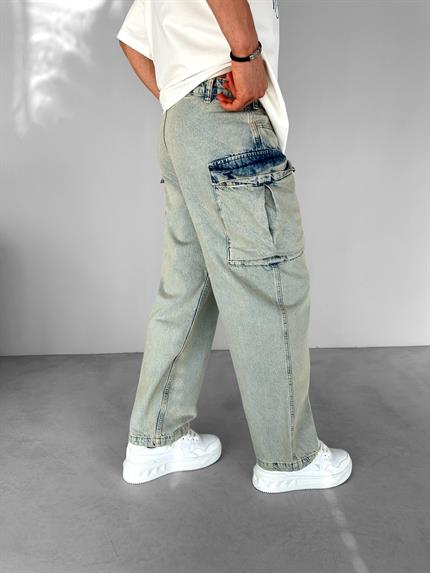 Erkek Super Baggy Fit Yıkamalı Kargo Jean Pantolon Duman Mavi