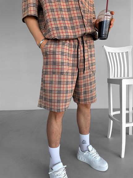 Erkek Baggy Fit Pamuklu Ekose Desenli Şort Kahverengi