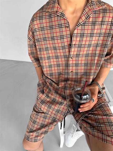 Erkek Baggy Fit Pamuklu Ekose Desenli Şort Kahverengi