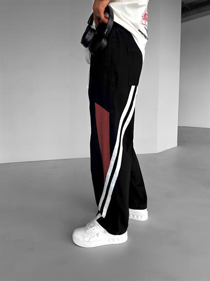 Erkek Baggy Fit Retro Line Beli Lastikli Jean Pantolon Siyah