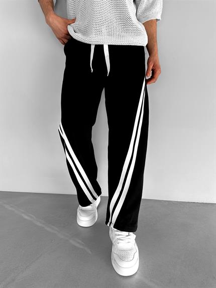 Erkek Baggy Fit Şerit Detaylı Duo Jean Siyah