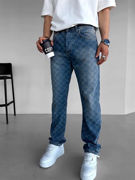 Erkek Baggy Fit Textured Fabric Distressed Jean Mavi