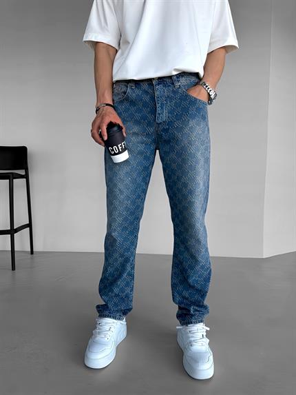 Erkek Baggy Fit Textured Fabric Distressed Jean Mavi