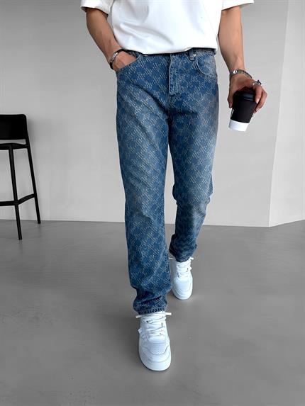 Erkek Baggy Fit Textured Fabric Distressed Jean Mavi
