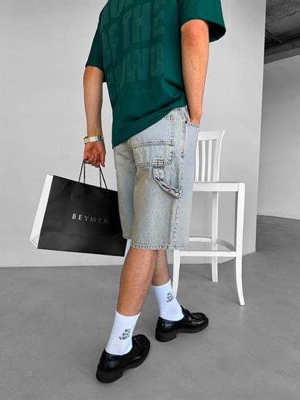 Erkek Baggy Fit Yıkamalı Jean Şort Buz Mavi