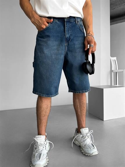 Erkek Baggy Fit Yıkamalı Jean Şort Lacivert