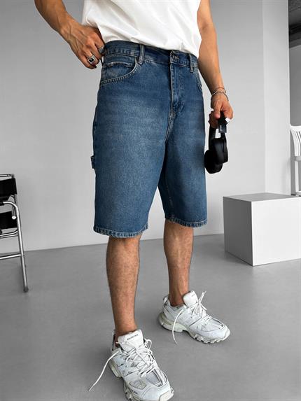 Erkek Baggy Fit Yıkamalı Jean Şort Lacivert
