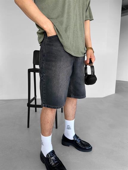 Erkek Baggy Fit Yıkamalı Jean Şort Siyah