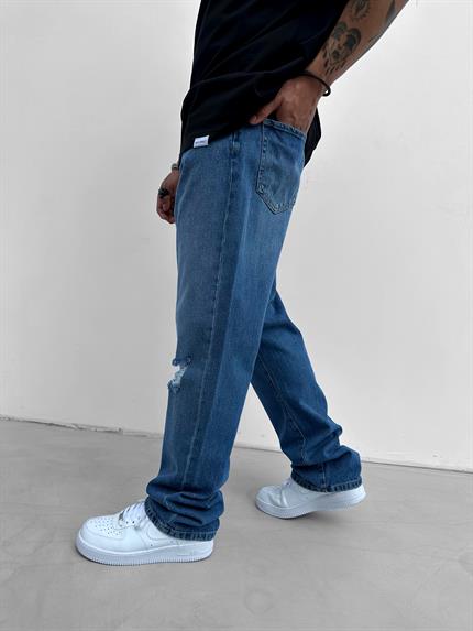 Erkek Boyfriend Fit Distressed Jean Koyu Mavi