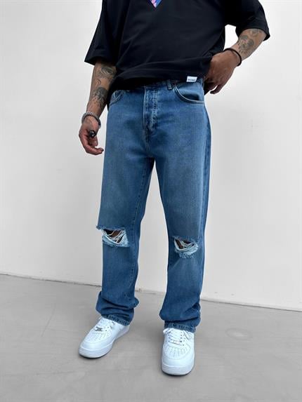 Erkek Boyfriend Fit Distressed Jean Koyu Mavi