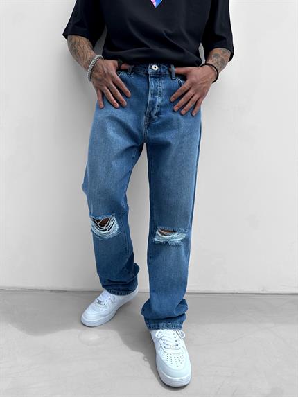 Erkek Boyfriend Fit Distressed Jean Koyu Mavi
