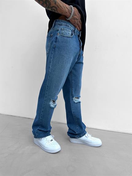 Erkek Boyfriend Fit Distressed Jean Koyu Mavi